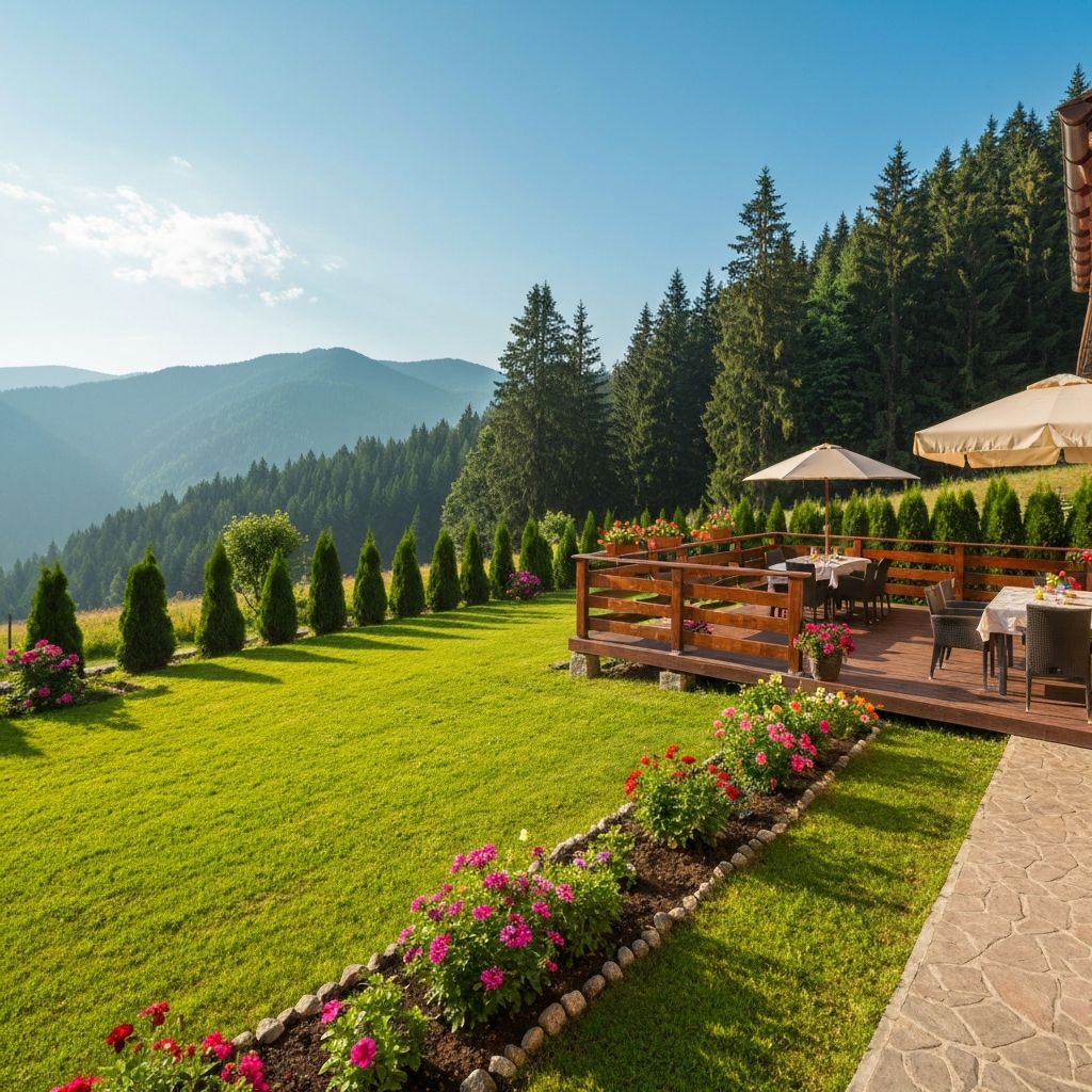 Grădina exterioară cu peisaj montan